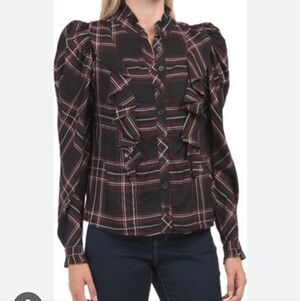 Rachel Roy Ruffled Front Plaid Blouse  Puffy Sleeve Black Burgundy Size Large